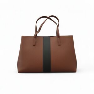Vince Camuto Brown Pebbled Leather Tote Bag Black Stripe Shoulder Handbag Large